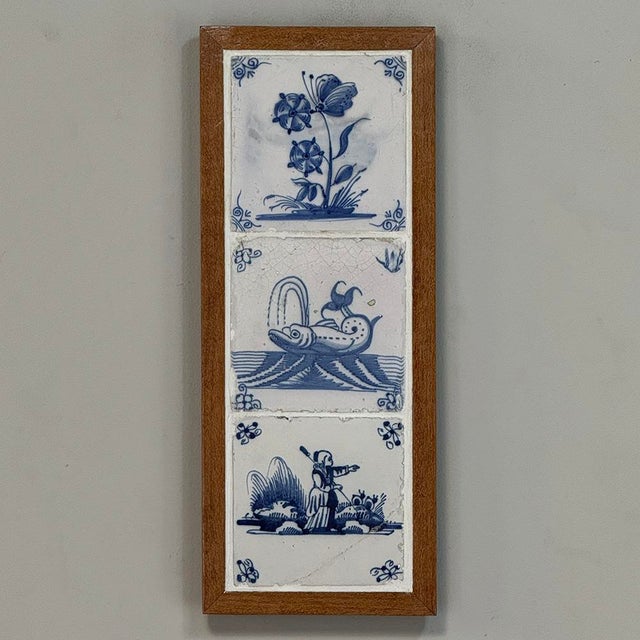 Framed Set of Three 18th Century Dutch Delft Blue and White Tiles For Sale In Dallas - Image 6 of 14