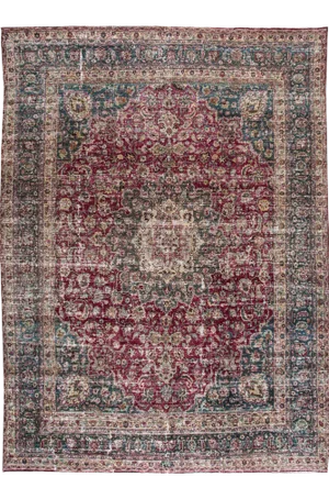 Red Antique Handmade Mashad Persian Wool Rug With Rosette Motif