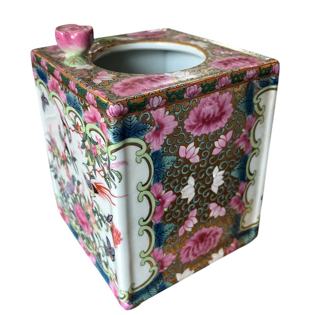 Beautifully detailed vintage porcelain tissue box cover in the classic Rose Canton / Famille Rose–style chinoiserie...