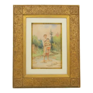 Antique Original Fanny Mearns Watercolor in Aesthetic Movement Gilt and Gesso Frame