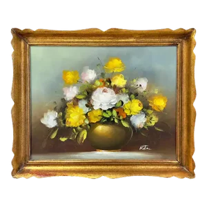Still Life Oil on Canvas Painting of White and Yellow Roses, Signed
