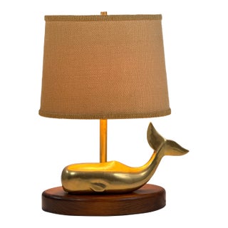 Vintage 1970s Brass Whale Table Lamp W/ Walnut Wood Base & Grasscloth Shade For Sale