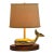 Vintage 1970s Brass Whale Table Lamp W/ Walnut Wood Base & Grasscloth Shade For Sale