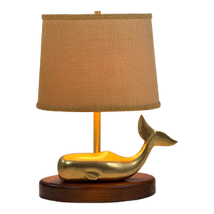 Vintage 1970s Brass Whale Table Lamp W/ Walnut Wood Base & Grasscloth Shade