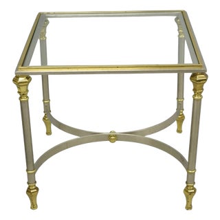 Vintage French Directoire Maison Jansen Style Steel Brass Low Square Side Table For Sale
