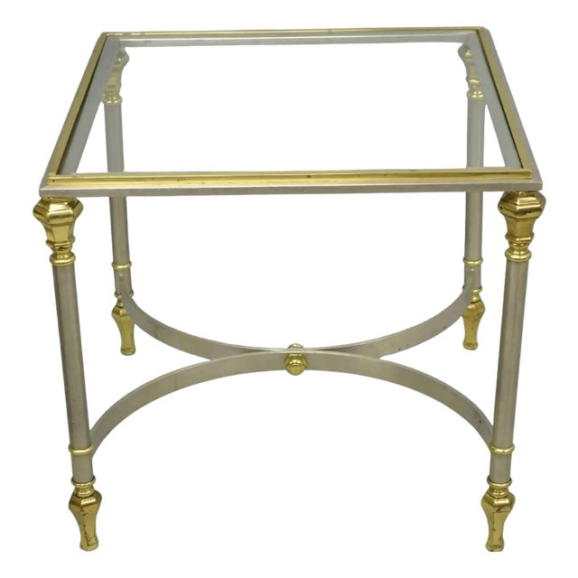 Vintage French Directoire Maison Jansen Style Steel Brass Low Square Side Table For Sale