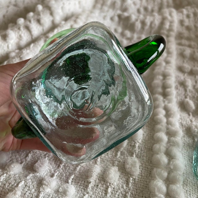 1970s Mexican Vintage Hand Blown Green Glass Jar With Lid and Small Pitcher Set Unique Bubble Glass Organic Shape For Sale - Image 4 of 5