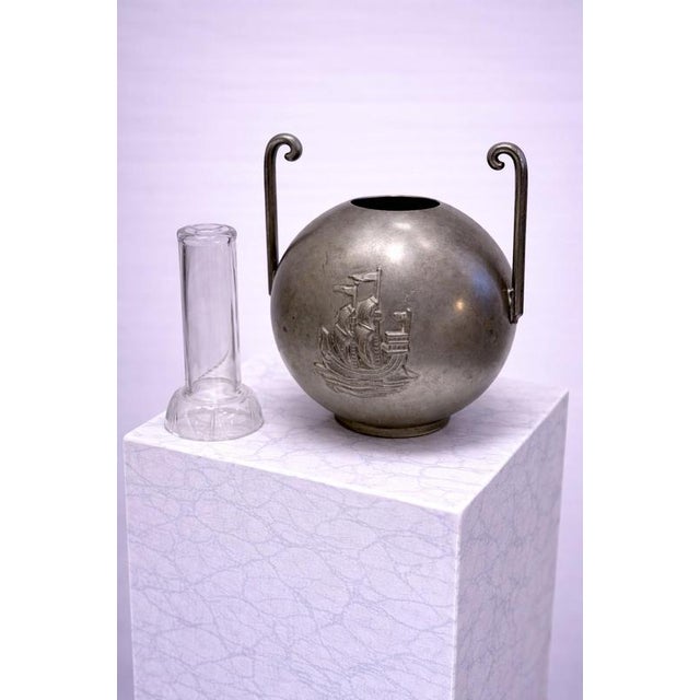 Pewter Vase with Glass Insert by Sylvia Stave for C.G. Hallberg, Sweden, 1934 For Sale - Image 3 of 8