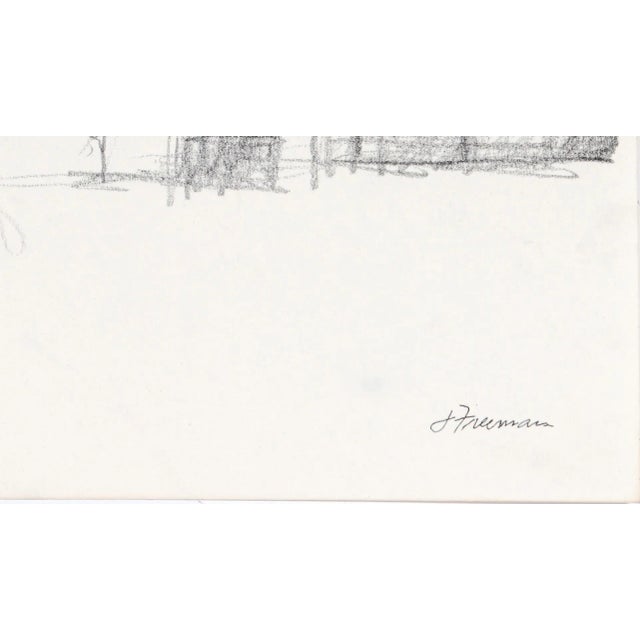 This mid-late 20th century graphite on paper hillside scene with a windmill is by San Francisco painter Jack Freeman...