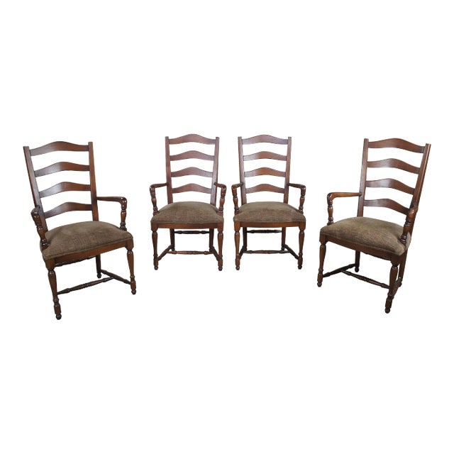 Mid 20th Century Vintage Oak Country French Farmhouse Ladder Back Upholstered Dining Arm Chairs - Set of 4 For Sale