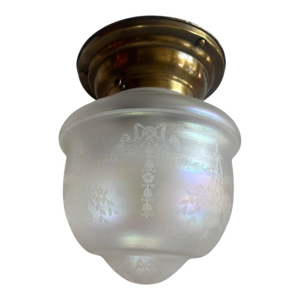 Acid Etched Glass Flush Mount Fixture on Brass Holder, Circa 1910