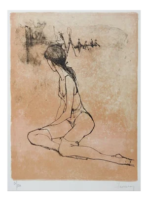Vintage Mid 20th Century Serigraph Portrait of Seated Dancer