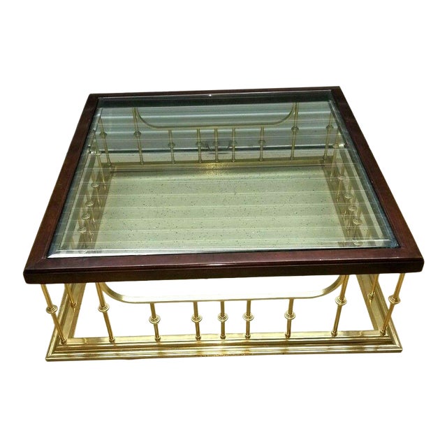 Erwin Lambeth Golden Spindles Square Brass Oak Glass Coffee Table Chairish