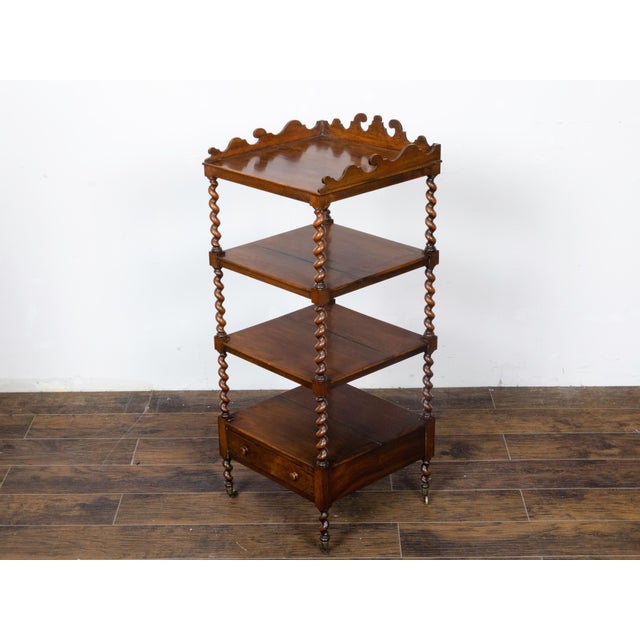 19th Century English 19th Century Walnut Barley Twist Tiered Shelf on Casters with Drawer For Sale - Image 5 of 12
