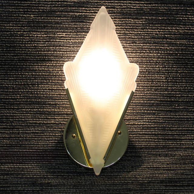 1970s Pair Vintage Art Deco Triangle Glass Brass Wall Light Sconces For Sale - Image 10 of 10