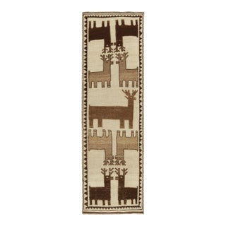 1950s Vintage Tribal Runner in Beige & Brown Deer Pictorial Patterns For Sale
