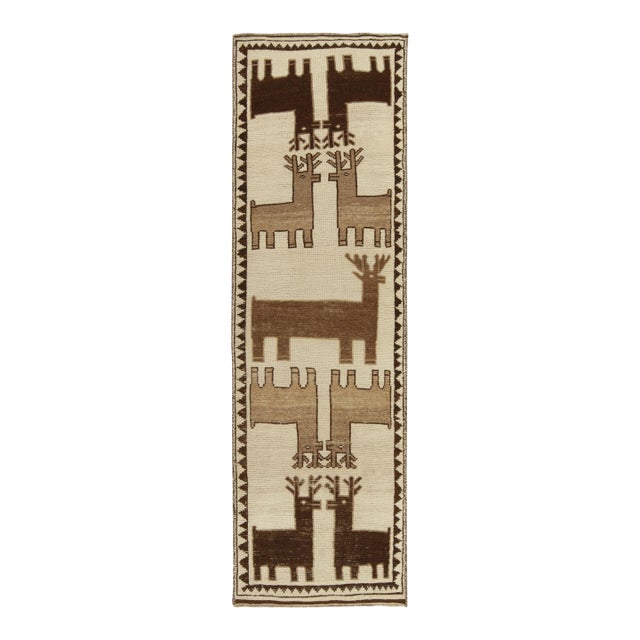 1950s Vintage Tribal Runner in Beige & Brown Deer Pictorial Patterns For Sale