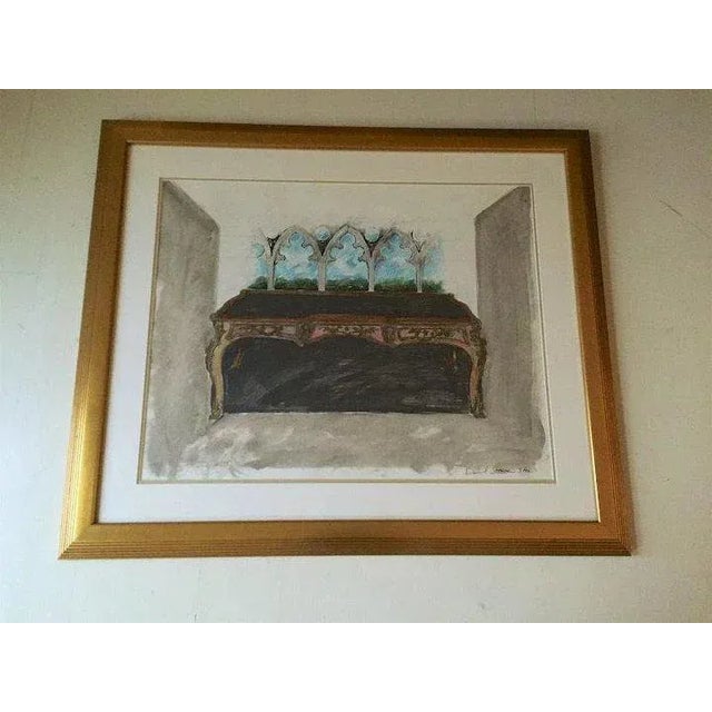 Mid 20th Century Gothic Interior Scene Mixed-Media Painting, Framed For Sale In Denver - Image 6 of 8