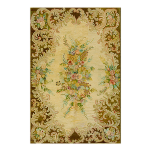 1930s Tan Camel Floral Folk Art Antique American Hooked Rug 6' X 9' Knotted Wool Carpet