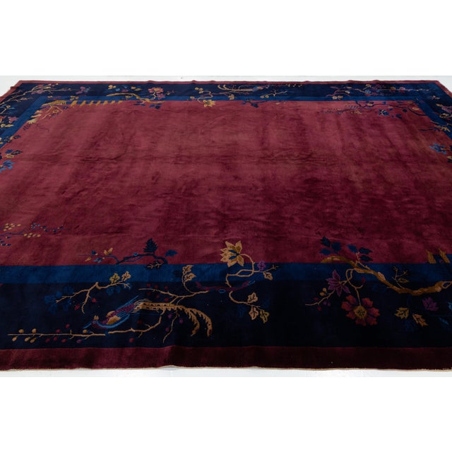 Antique Chinese Art Deco Rug in Deep Burgundy Plum With Floral & Bird Border For Sale In New York - Image 6 of 12