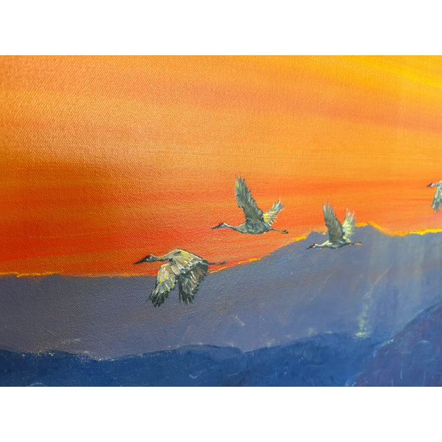 Large Contemporary Oil Painting Cranes Over Sunset 48x48” For Sale - Image 9 of 17