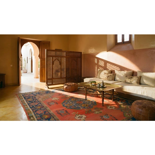 Decorative Turkish Antique Oushak Rug on a Red-Raspberry Background Color With Medallion Pattern For Sale - Image 15 of 15