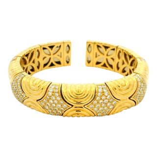 Vintage Italian 18k Gold Diamond Wide Cuff Bracelet For Sale