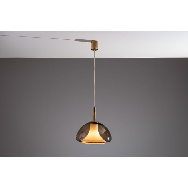Mid-Century Modern Hanging Lamp with Smoked Murano Glass and Opaline Inner Shade, 1960s For Sale - Image 3 of 14