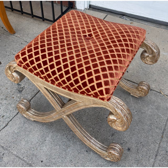 French Nancy Corzine Saber Leg Giltwood X Bench W Red Silk Cut Velvet Fabric For Sale - Image 3 of 8