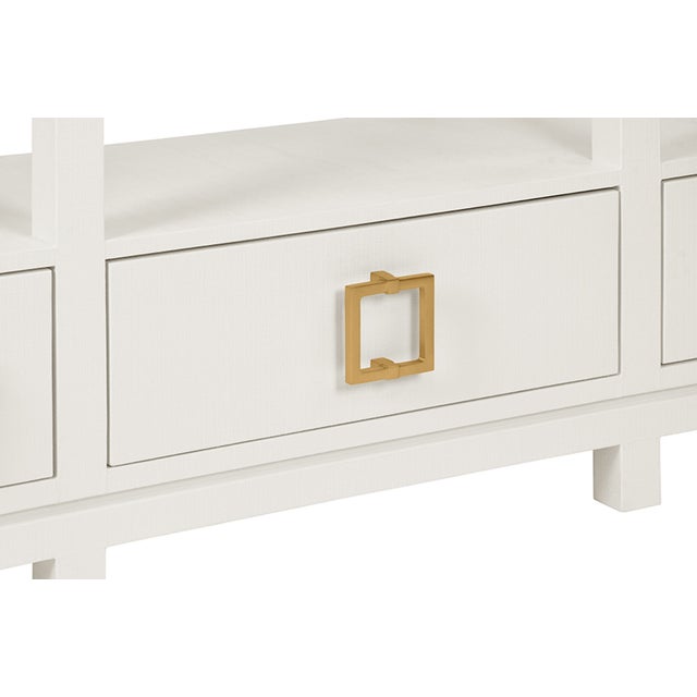 Metal Matthew Izzo Home Campbell White Linen Three Drawer Two Tier Console Table For Sale - Image 7 of 8