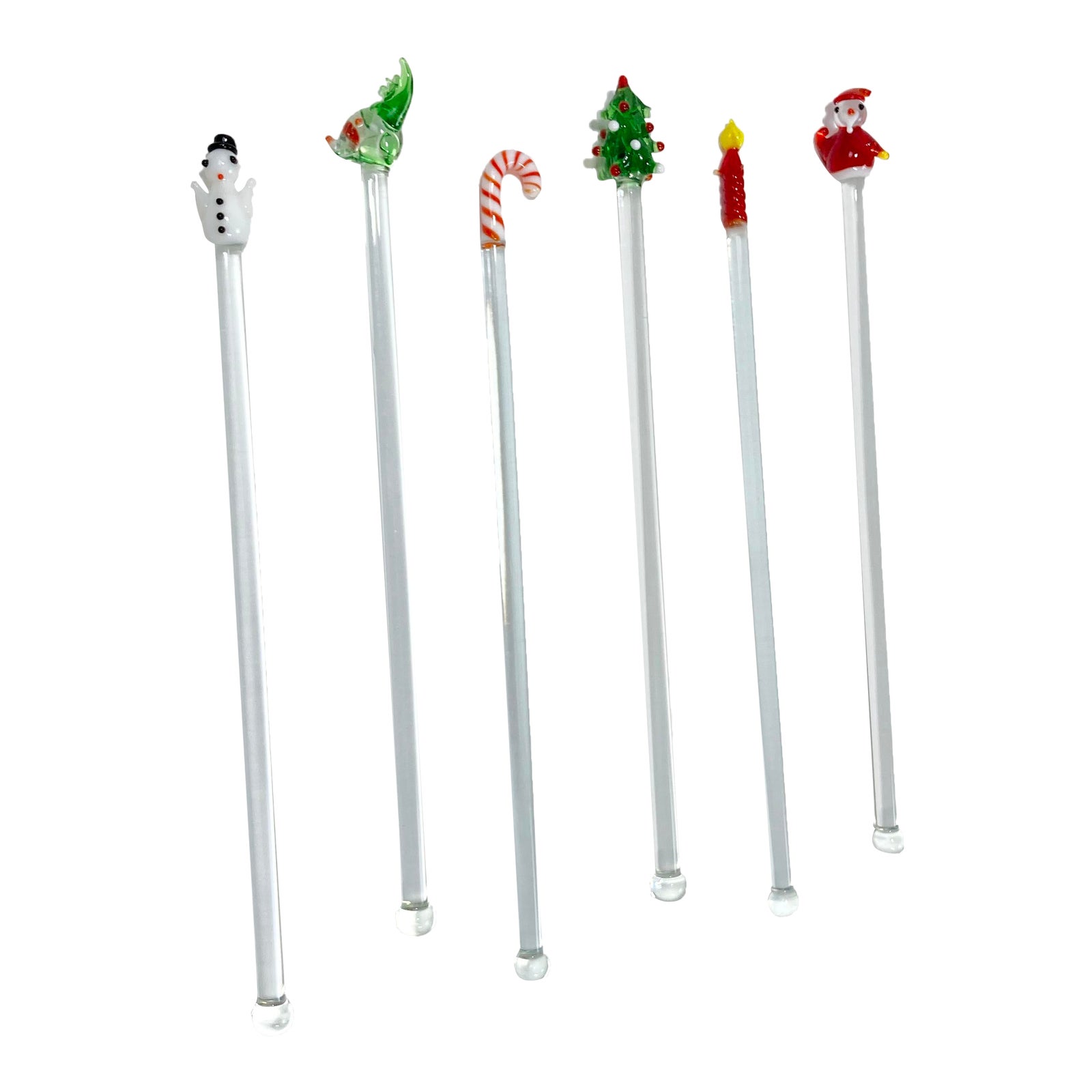 Vintage Holiday Themed Blown Glass Swizzle Sticks, Boxed Set of 6