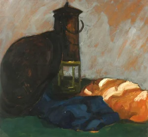 Raymond Bailly, Still Life Oil Painting - the Lantern & the Hat