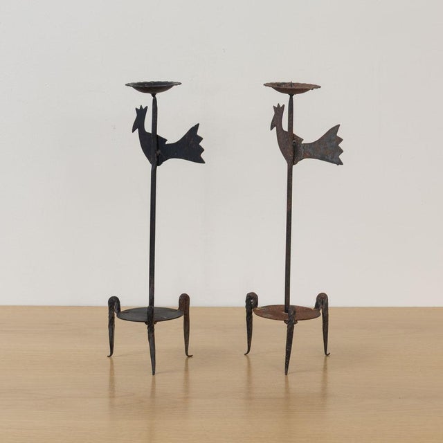 French 1950s Pair of French Iron Rooster Candlesticks For Sale - Image 3 of 13