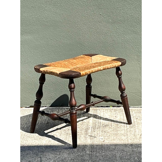 Wood Vintage Rush Seat Turned Wood Low Stool For Sale - Image 7 of 12