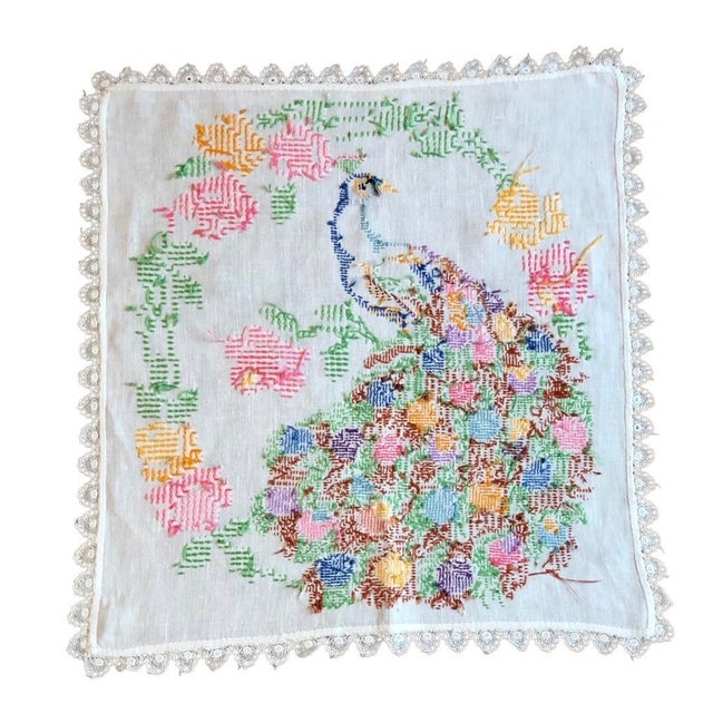 Art Nouveau Vintage Peacock Embroidered Tapestry Art Cloth Panel For Sale - Image 3 of 12