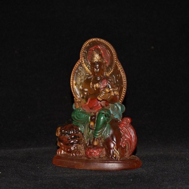 Early 21st Century Vintage Chinese Liuli Glazed Porcelain Buddha Statue With Lion Mount For Sale - Image 5 of 9