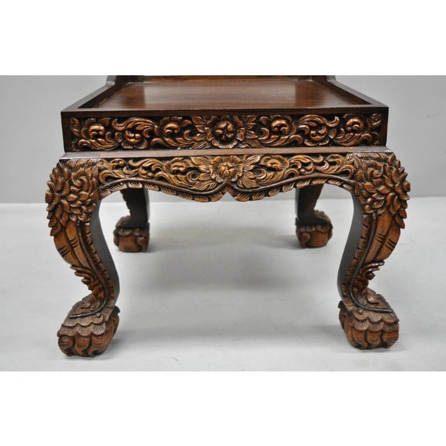 Brown Vintage Chinoiserie Thai Oriental Carved Teak Wood Dining Side Chairs - A Pair For Sale - Image 8 of 12