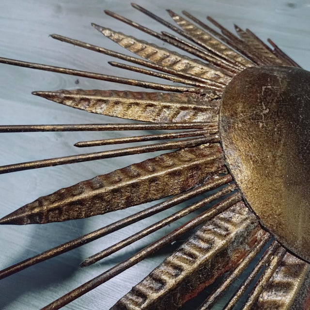 Metal Vintage Gilt Sunburst Wall Light with Textured Dome, 1950s For Sale - Image 7 of 14