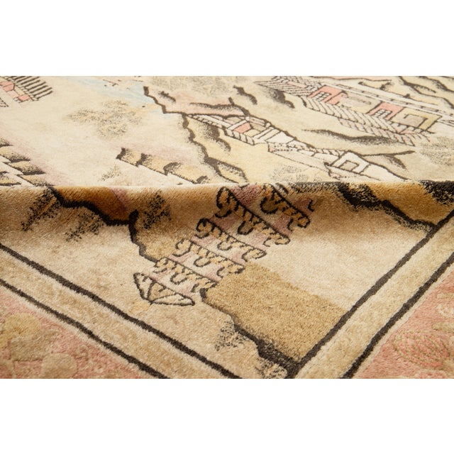 Antique Chinese Art Deco Wool Rug Handmade in Beige With Pictorial Design For Sale - Image 4 of 9