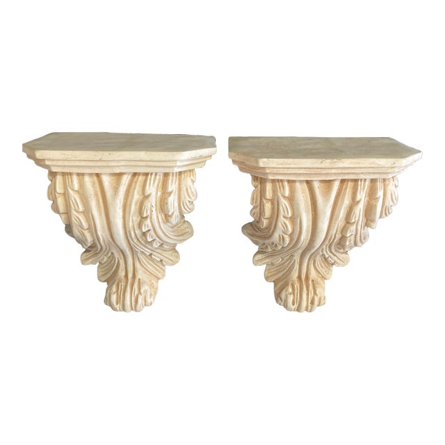 Vintage Concrete Wall Shelves Pair With Acanthus Detail For Sale