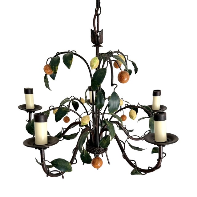 French Tole 5-Light Chandelier with Lemons and Tangerines by J. P. Ryckaert, 1985-1995 For Sale