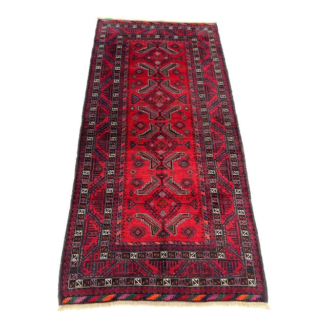 3'10" X 7'10" Vintage Afghan Hand-Knotted Baluchi Rug, Red Tribal Geometric Kitchen Rug For Sale