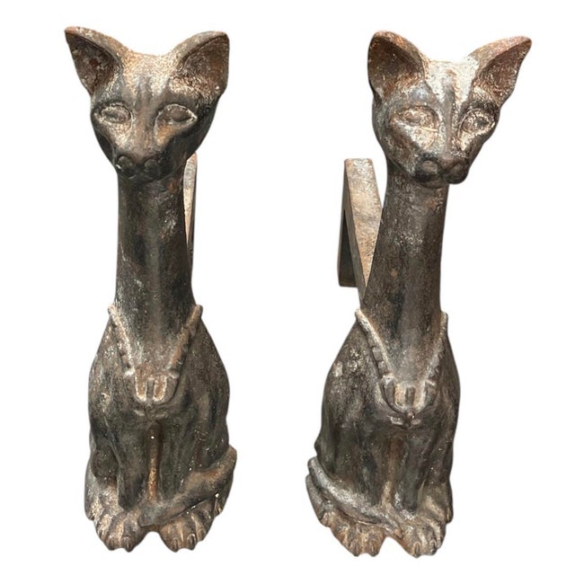 Hollywood Regency A Pair of Vintage Mid-Century Stylized Cast Iron Cat Andirons For Sale - Image 3 of 12