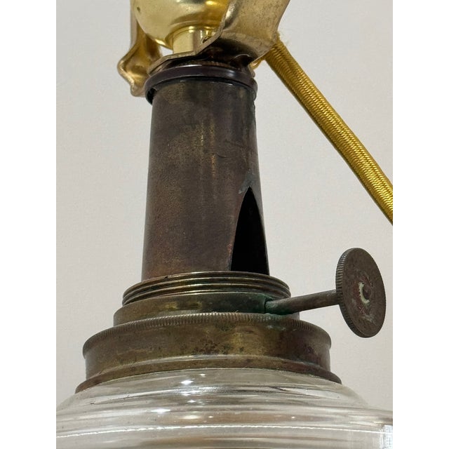 Metal Mid 20th Century Brass and Glass Converted Kerosene Lamp With Silk Cord – Solid Heavy Base For Sale - Image 7 of 13