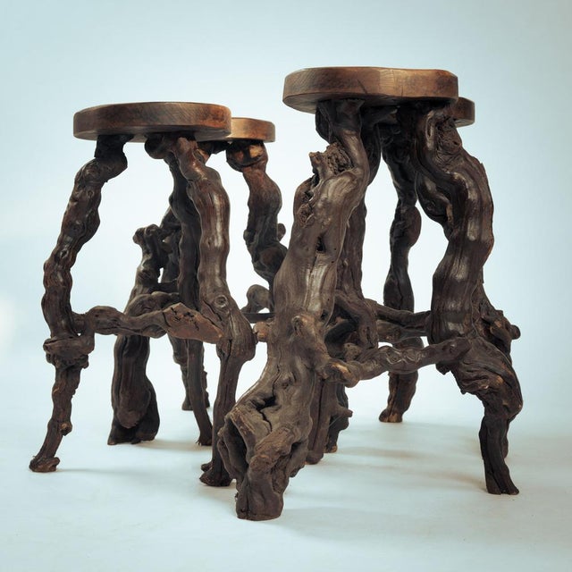 Brutalist Handcrafted Vine Wood and Oak Tripod Bar Stools, France, 1950s, Set of 4 For Sale - Image 18 of 18