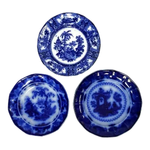 Vintage Asian Design Porcelain Blue and White Plates- Set of 3