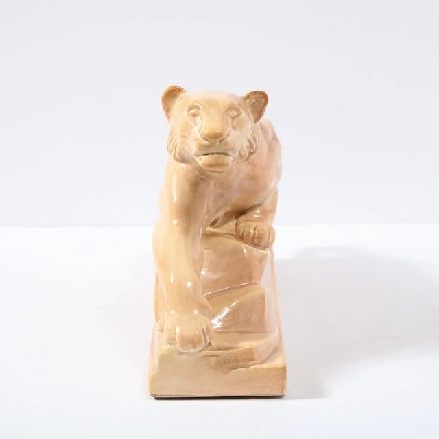 Art Deco Pale Terracotta Ceramic Sculpture of Stylized Pouncing Tiger For Sale - Image 10 of 13