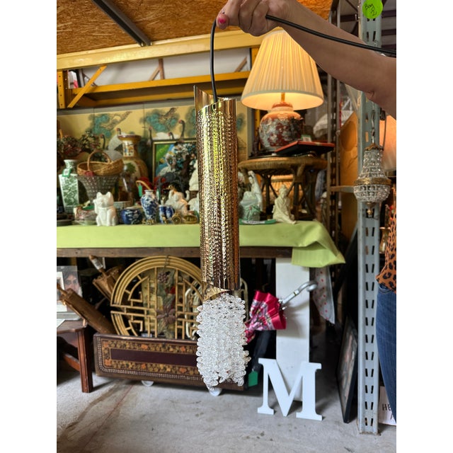 Gold 1970s Hand Hammered Gold Tube Hanging Crystal Pendant Lights - a Pair For Sale - Image 8 of 10