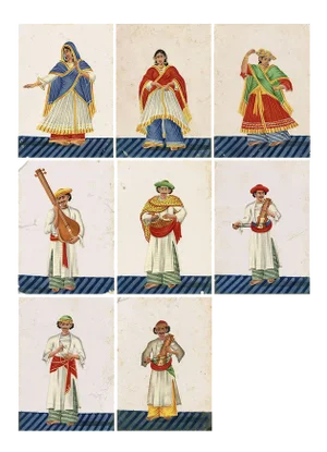 Indian Company School Artist, Musicians & Nautch Dancing Women, Early 19th Century, Mica Paintings, Set of 8