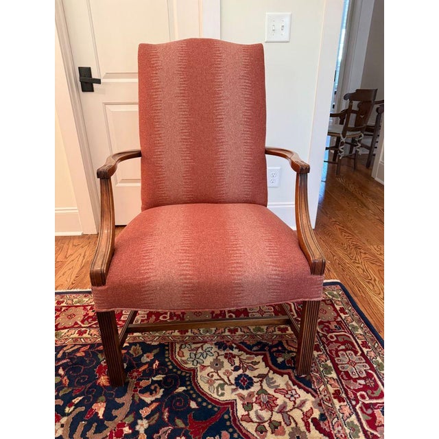 Federal-style lolling chair upholstered in a warm rust ombré wool fabric. Great condition. 26”W x 24.5”D x 41.75”H arm:...